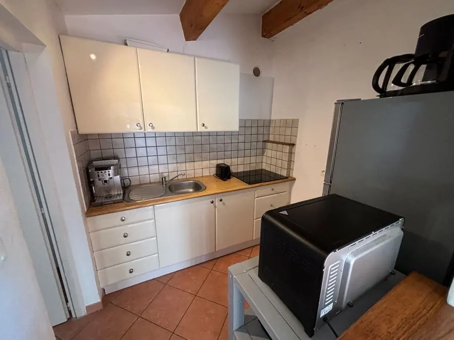 Cuisine équipée avec évier, plaque de cuisson, four micro-ondes et machine à café, dans une maison de vacances en Corse.