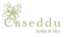 Logo officiel de Caseddu Jardin et Mer, représentant une villa en pierre avec toit rouge et végétation verte, symbolisant votre location de vacances en Corse du Sud.