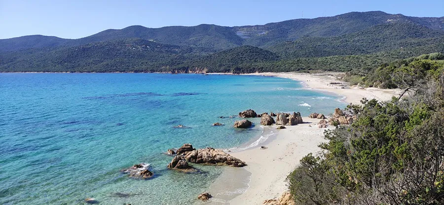 Plage de sable fin et eau turquoise de la Corse du Sud, Valinco, idéale pour des vacances les pieds dans l'eau. Location de villa Caseddu Jardin et Mer.