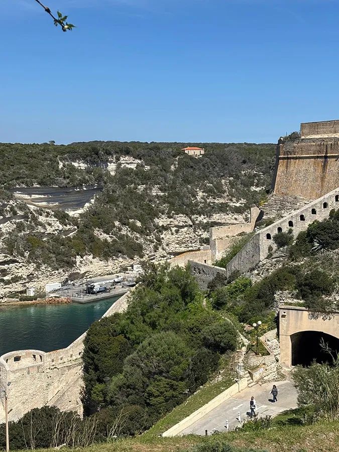 Remparts historiques de Bonifacio et falaises escarpées en Corse du Sud, avec vue sur le port.